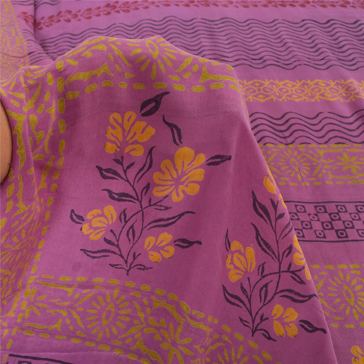 Sanskriti Vintage Sarees Purple Pure Crepe Silk Printed Sari 5yd Craft Fabric