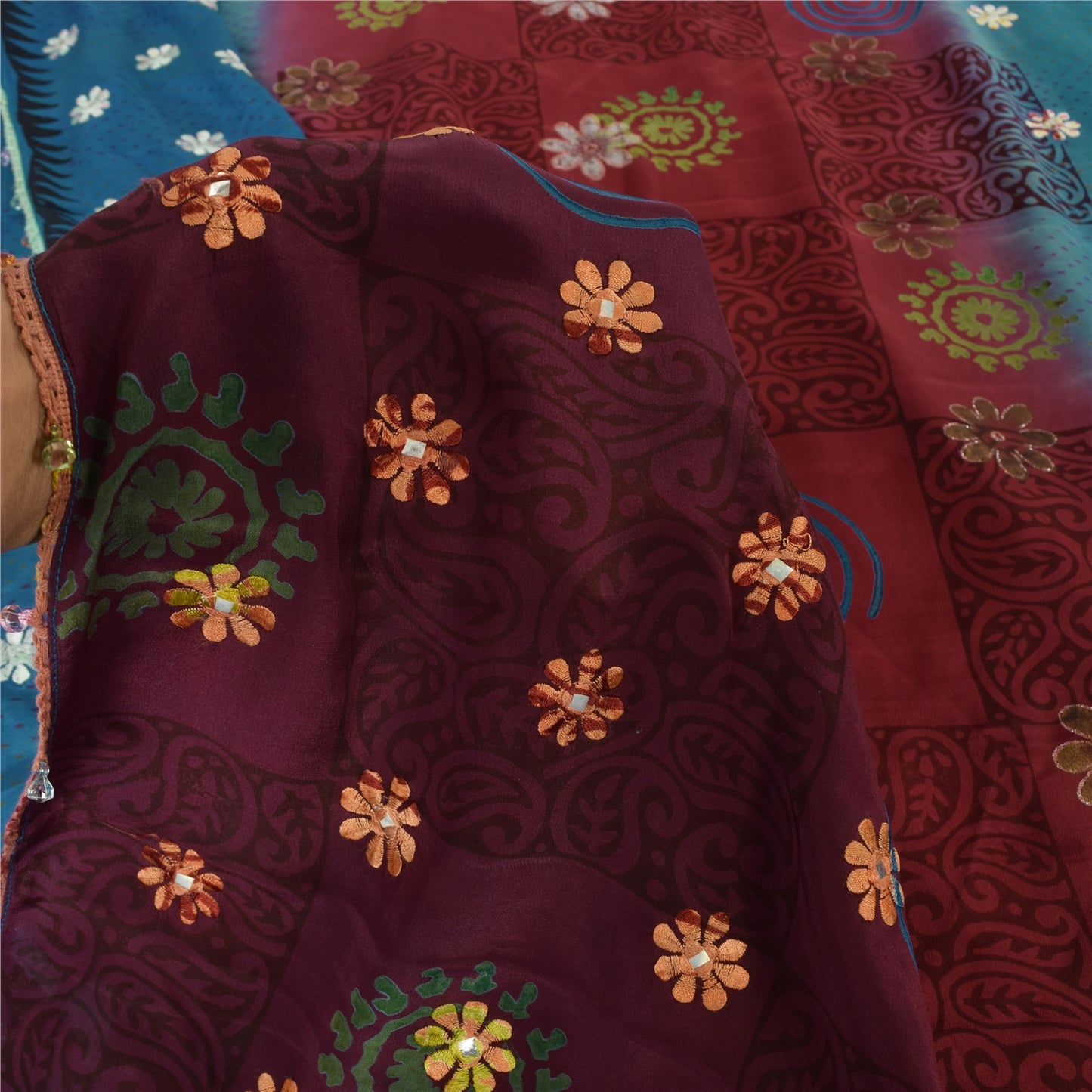 Sanskriti Vintage Sarees Red/Blue Pure Crepe Silk Printed Sari 5yd Craft Fabric