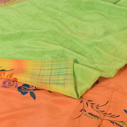 Sanskriti Vintage Sarees Green/Orange Pure Crepe Silk Print Sari Craft Fabric