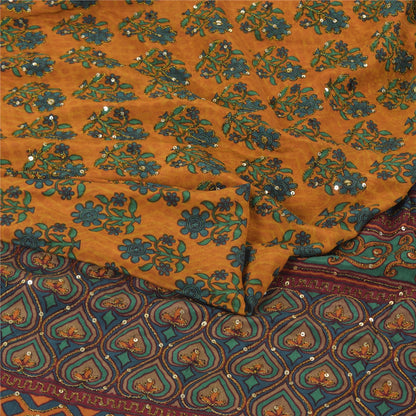 Sanskriti Vintage Sarees Saffron Hand Beaded Pure Crepe Silk Printed Sari Fabric