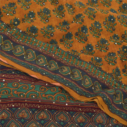 Sanskriti Vintage Sarees Saffron Hand Beaded Pure Crepe Silk Printed Sari Fabric