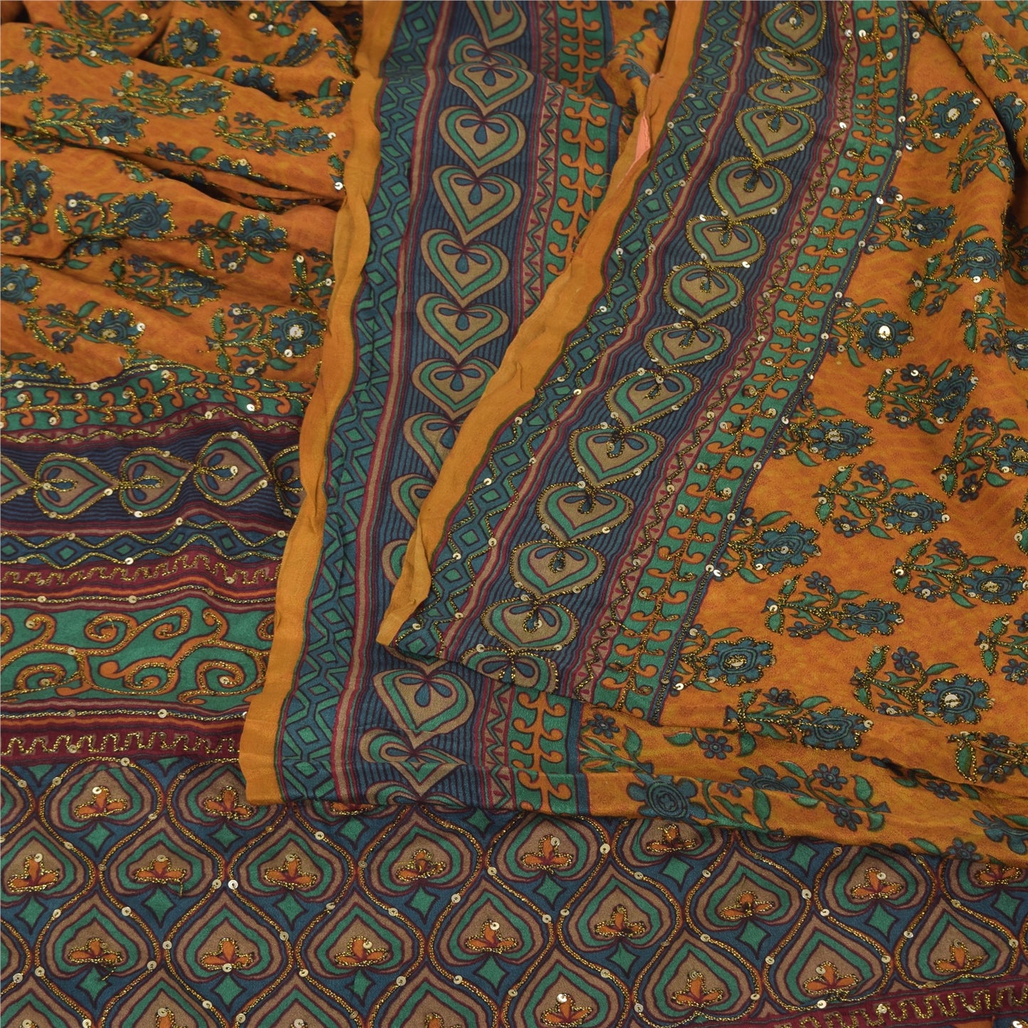 Sanskriti Vintage Sarees Saffron Hand Beaded Pure Crepe Silk Printed Sari Fabric