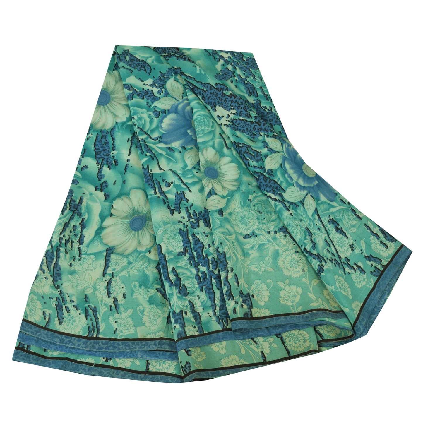 Sanskriti Vintage Sarees Sea-Green Pure Crepe Silk Printed Sari 5yd Craft Fabric