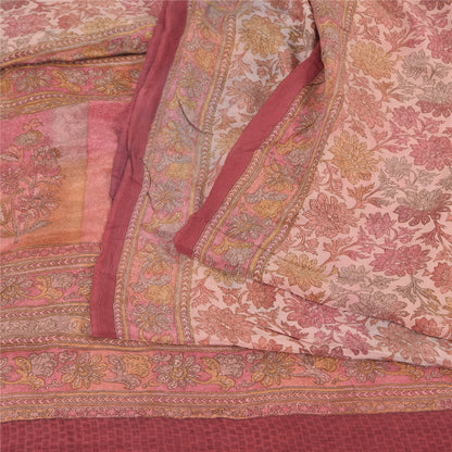 Sanskriti Vintage Sarees Pink Pure Crepe Silk Printed Sari 5yd Craft Fabric