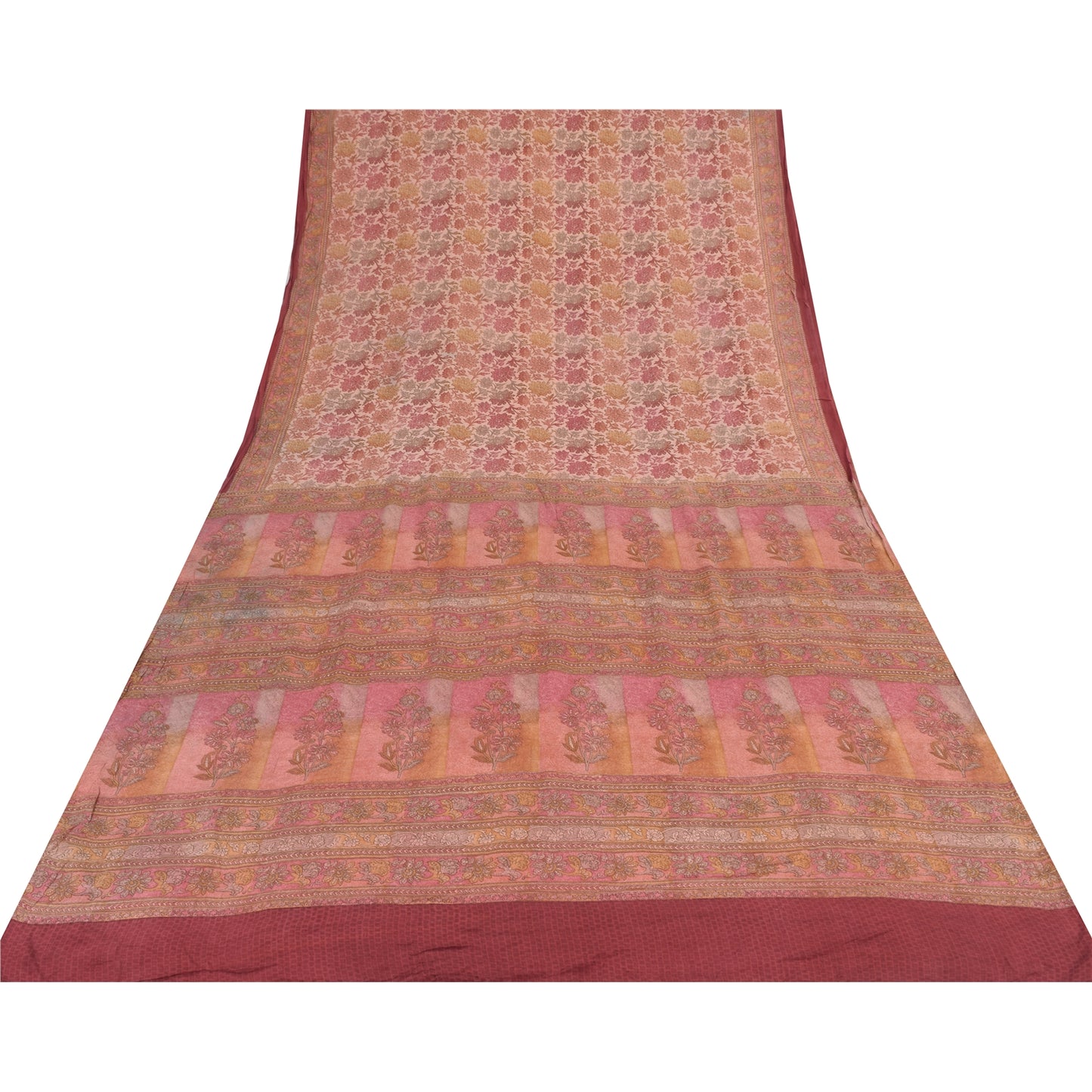 Sanskriti Vintage Sarees Pink Pure Crepe Silk Printed Sari 5yd Craft Fabric