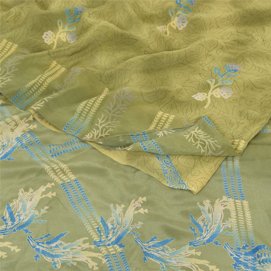 Sanskriti Vintage Sarees Green Pure Crepe Silk Printed Sari 5yd Craft Fabric