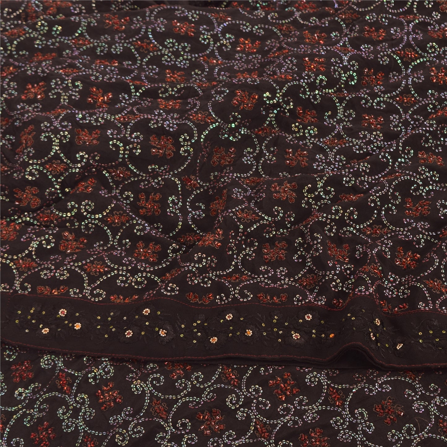 Sanskriti Vintage Sarees Brown Hand Beaded Pure Crepe Silk Sari 5yd Craft Fabric