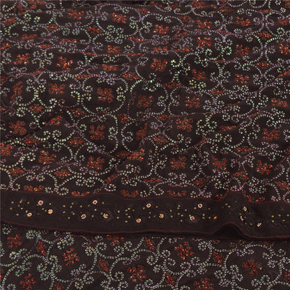 Sanskriti Vintage Sarees Brown Hand Beaded Pure Crepe Silk Sari 5yd Craft Fabric