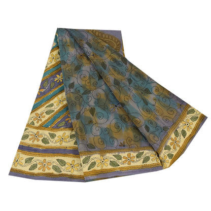 Sanskriti Vintage Sarees Hand Embroidered Kantha Pure Crepe Printed Sari Fabric