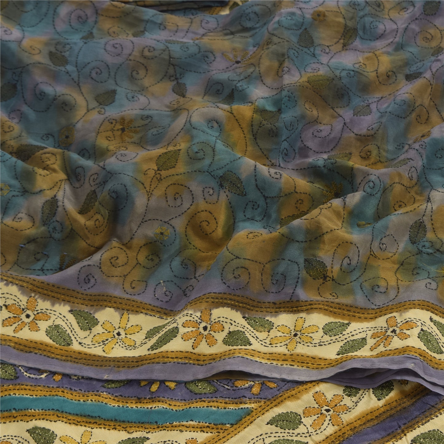 Sanskriti Vintage Sarees Hand Embroidered Kantha Pure Crepe Printed Sari Fabric