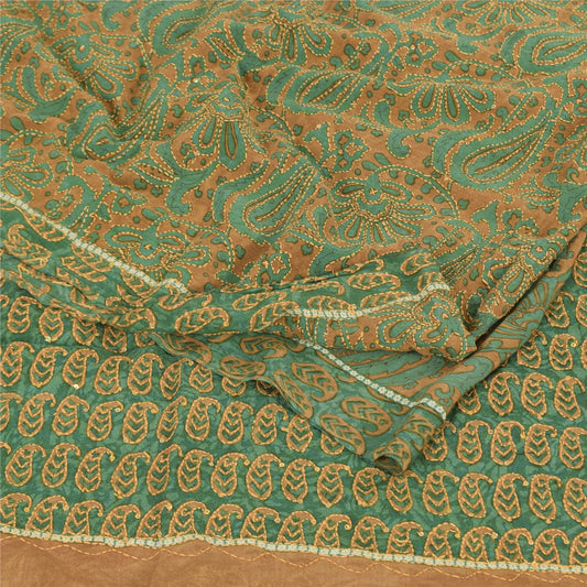 Sanskriti Vintage Sarees Green/Orange Hand Beaded Kantha Pure Crepe Sari Fabric