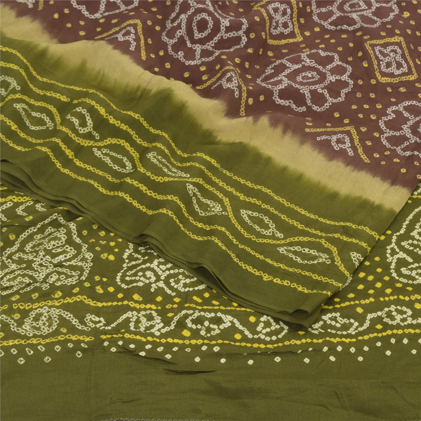 Sanskriti Vintage Sarees Green/Brown Bandhani Print Pure Crepe Sari Craft Fabric