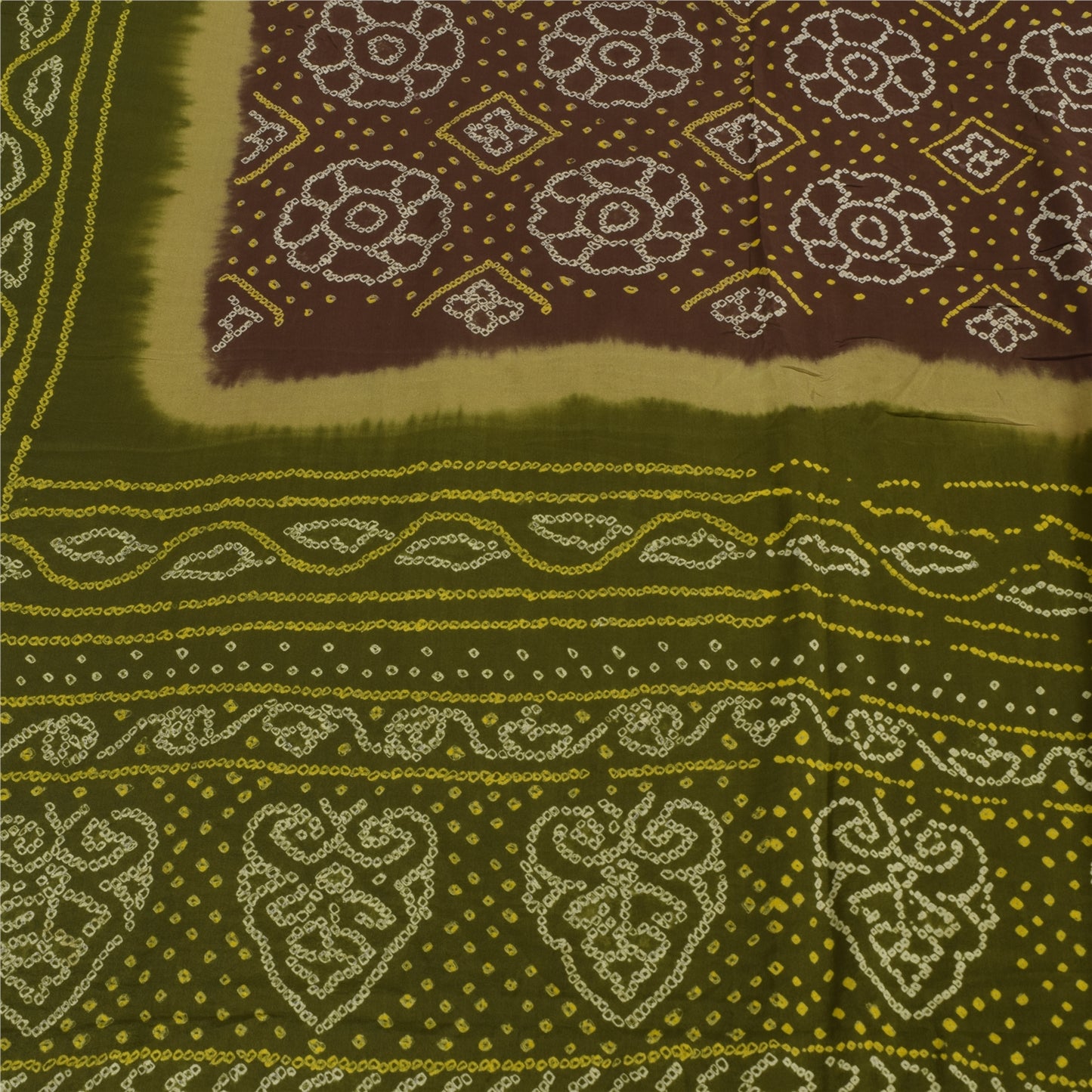 Sanskriti Vintage Sarees Green/Brown Bandhani Print Pure Crepe Sari Craft Fabric