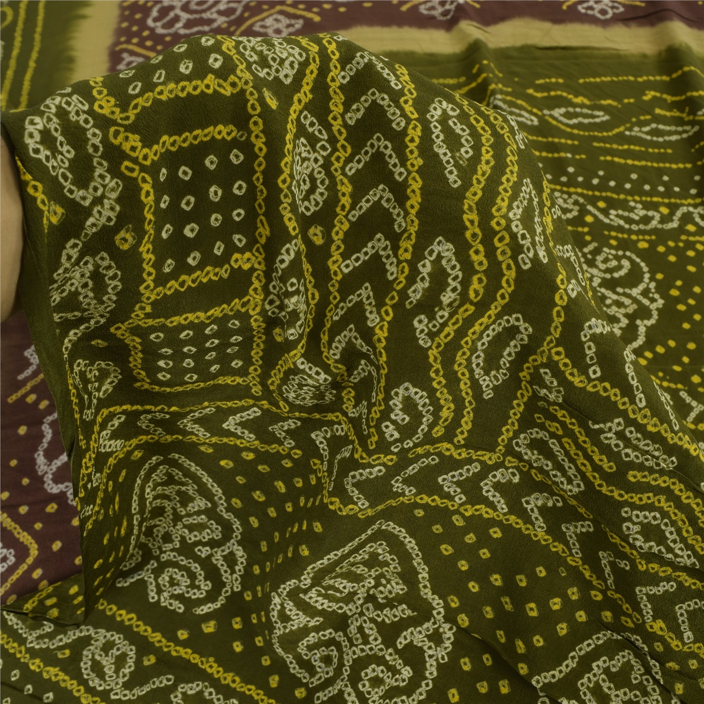 Sanskriti Vintage Sarees Green/Brown Bandhani Print Pure Crepe Sari Craft Fabric