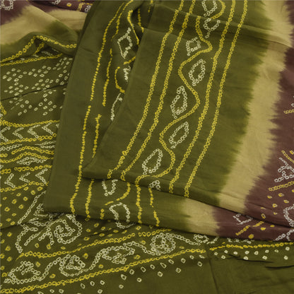 Sanskriti Vintage Sarees Green/Brown Bandhani Print Pure Crepe Sari Craft Fabric