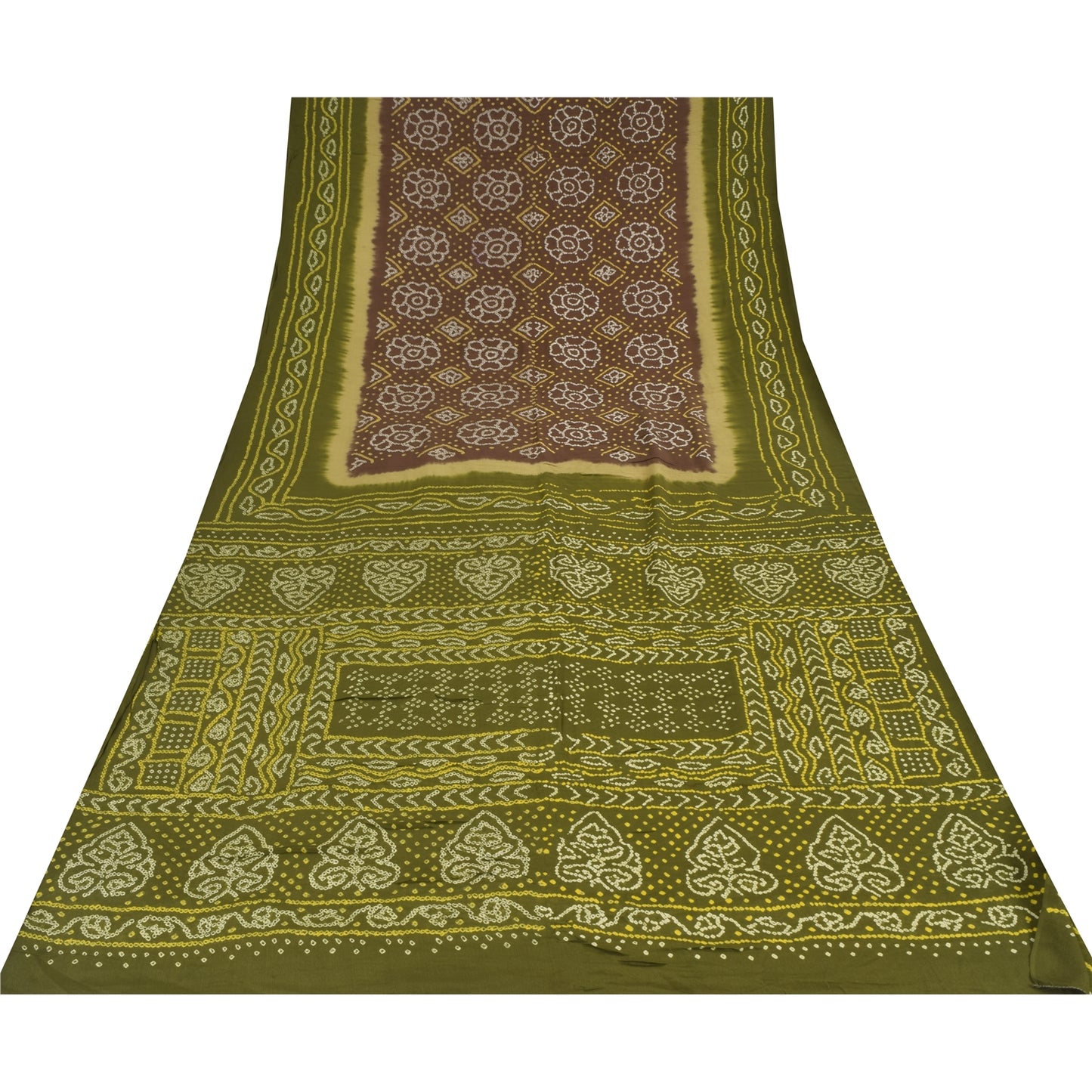 Sanskriti Vintage Sarees Green/Brown Bandhani Print Pure Crepe Sari Craft Fabric