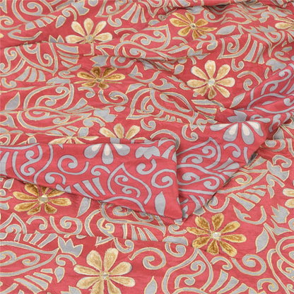 Sanskriti Vintage Sarees Pink 100% Pure Crepe Silk Printed Sari 5yd Craft Fabric