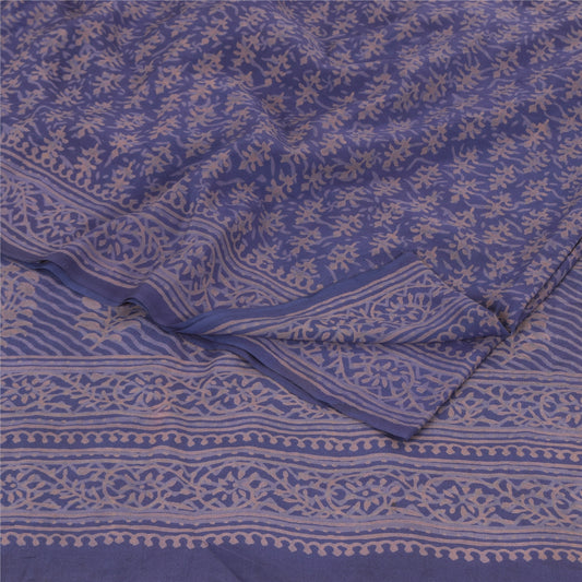 Sanskriti Vintage Sarees Blue Hand Block Printed Pure Crepe Silk Sari 5yd Fabric