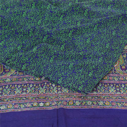 Sanskriti Vintage Sarees Green/Blue Pure Crepe Silk Print Sari 5yd Craft Fabric