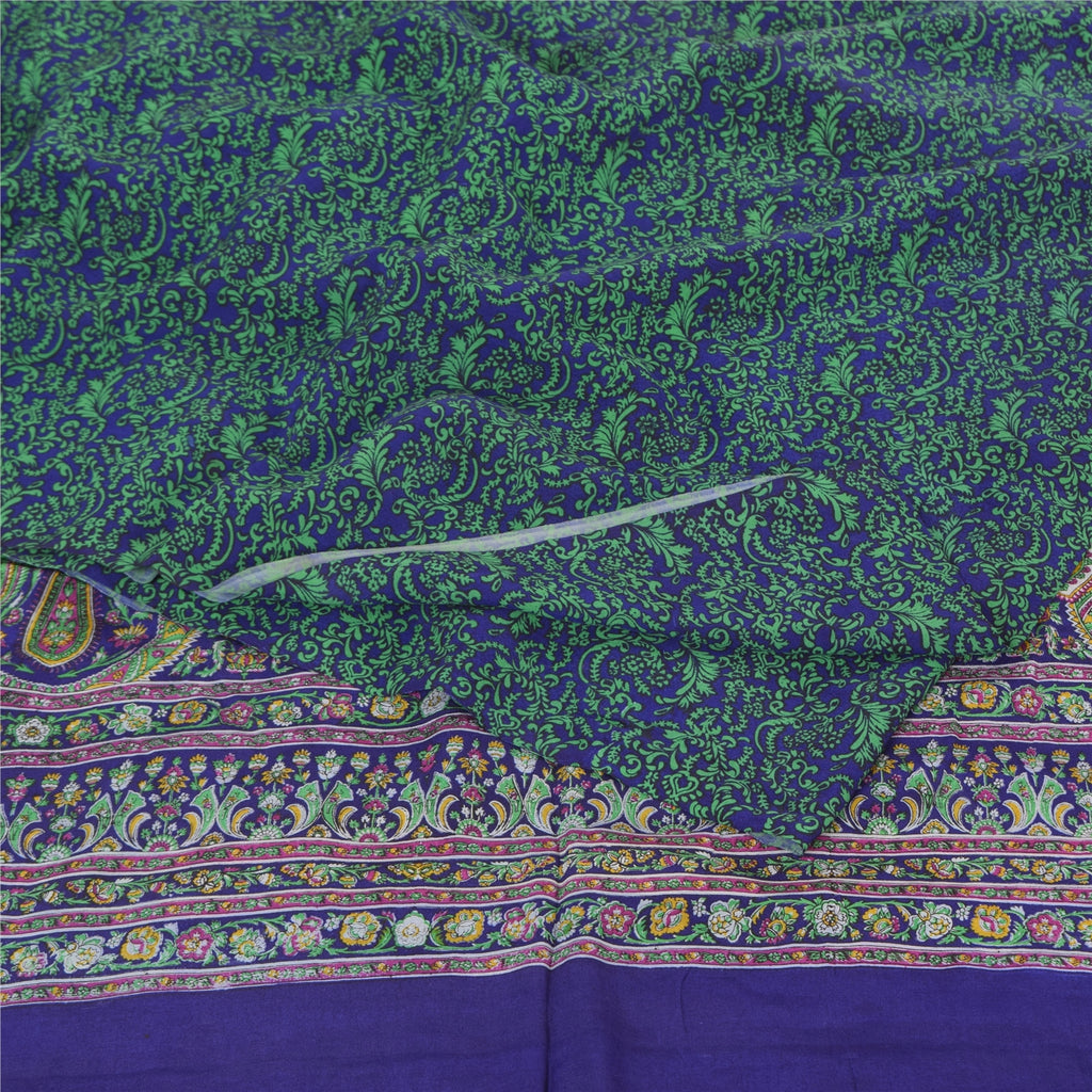 Sanskriti Vintage Sarees Green/Blue Pure Crepe Silk Print Sari 5yd Craft Fabric