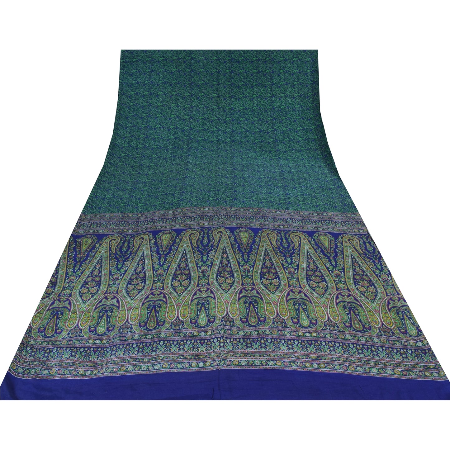 Sanskriti Vintage Sarees Green/Blue Pure Crepe Silk Print Sari 5yd Craft Fabric