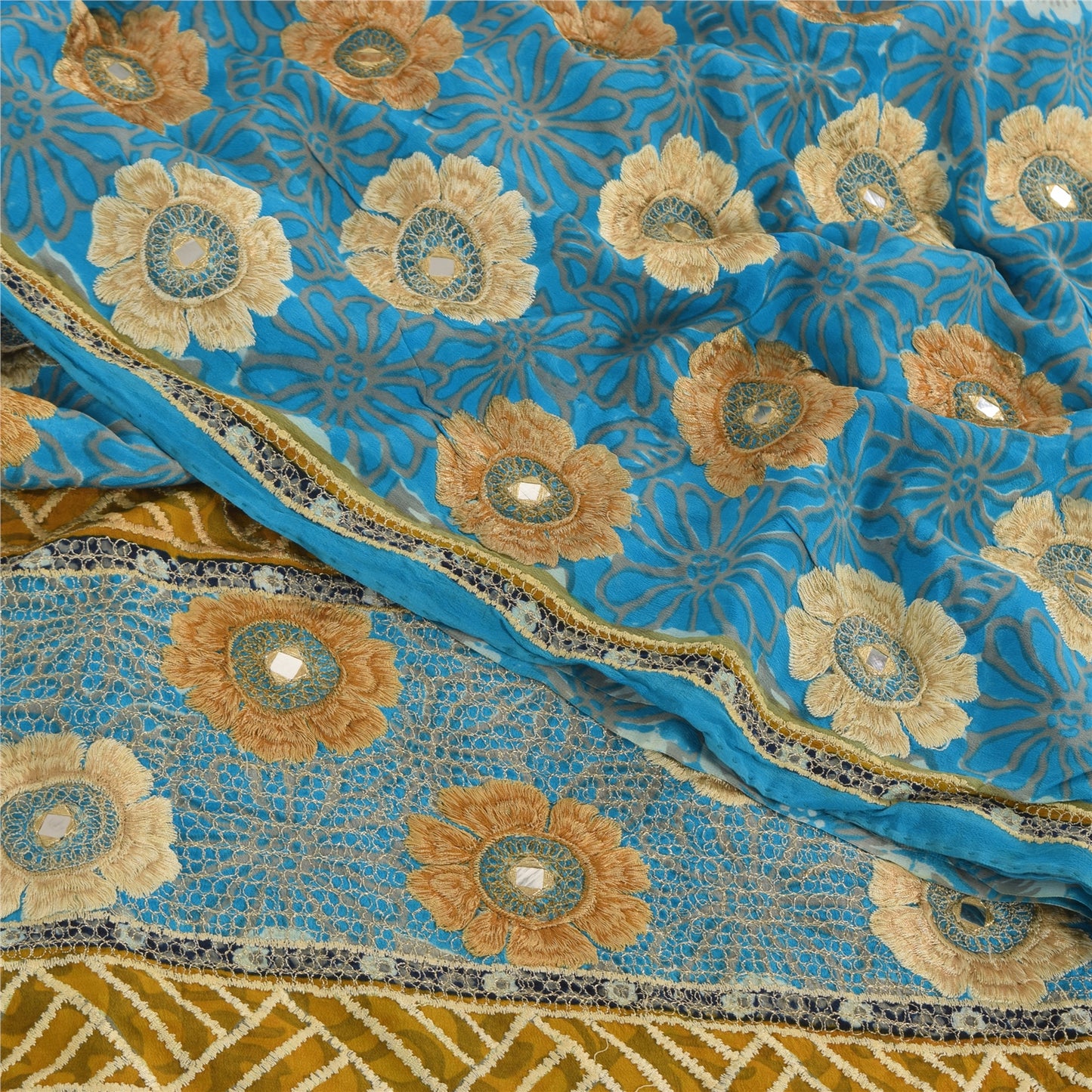 Sanskriti Vintage Sarees Blue Embroidered Pure Crepe Silk Print Sari 5yd Fabric