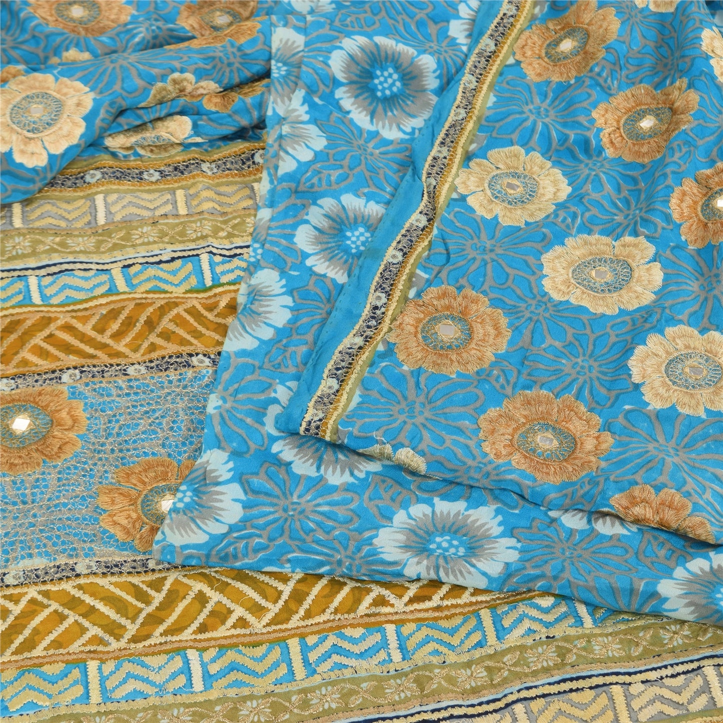 Sanskriti Vintage Sarees Blue Embroidered Pure Crepe Silk Print Sari 5yd Fabric