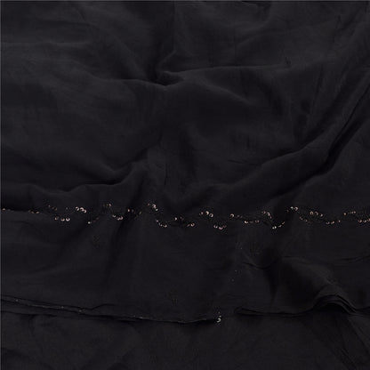 Sanskriti Vintage Sarees Black Embroidered Pure Crepe Silk Sari 5yd Craft Fabric