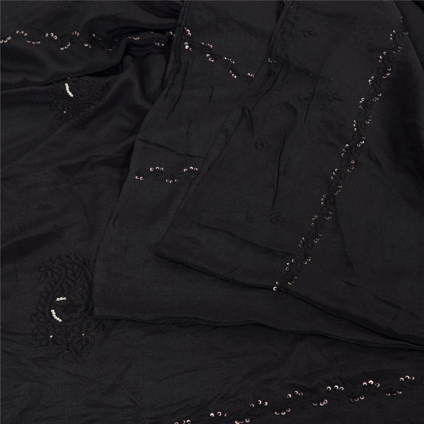 Sanskriti Vintage Sarees Black Embroidered Pure Crepe Silk Sari 5yd Craft Fabric