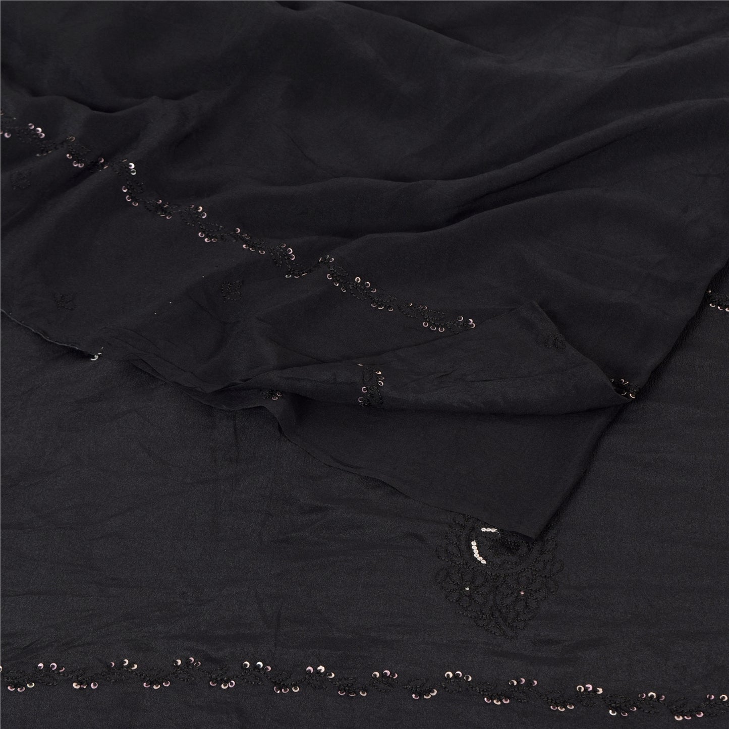 Sanskriti Vintage Sarees Black Embroidered Pure Crepe Silk Sari 5yd Craft Fabric