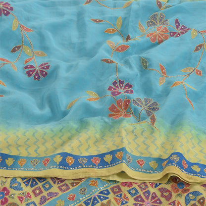 Sanskriti Vintage Sarees Blue 100% Pure Crepe Silk Printed Sari 5yd Craft Fabric