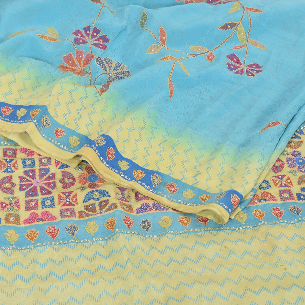 Sanskriti Vintage Sarees Blue 100% Pure Crepe Silk Printed Sari 5yd Craft Fabric