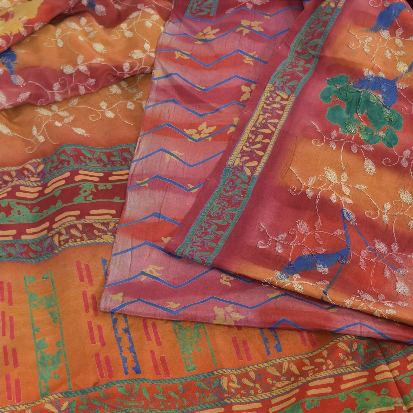 Sanskriti Vintage Sarees Embroidered Pure Crepe Silk Print Sari 5yd Craft Fabric