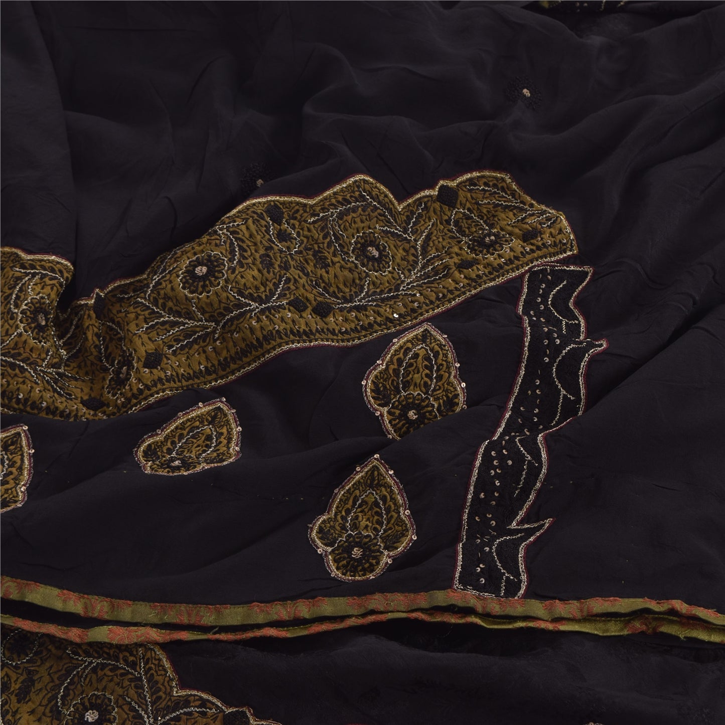 Sanskriti Vintage Sarees Black Hand Beaded Woven Pure Crepe Sari 6yd CraftFabric