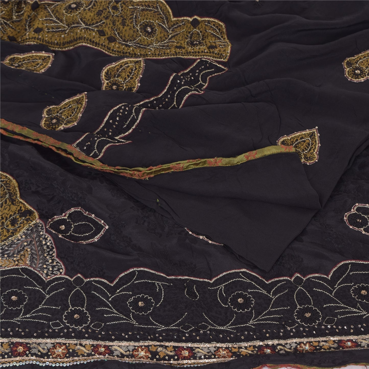 Sanskriti Vintage Sarees Black Hand Beaded Woven Pure Crepe Sari 6yd CraftFabric