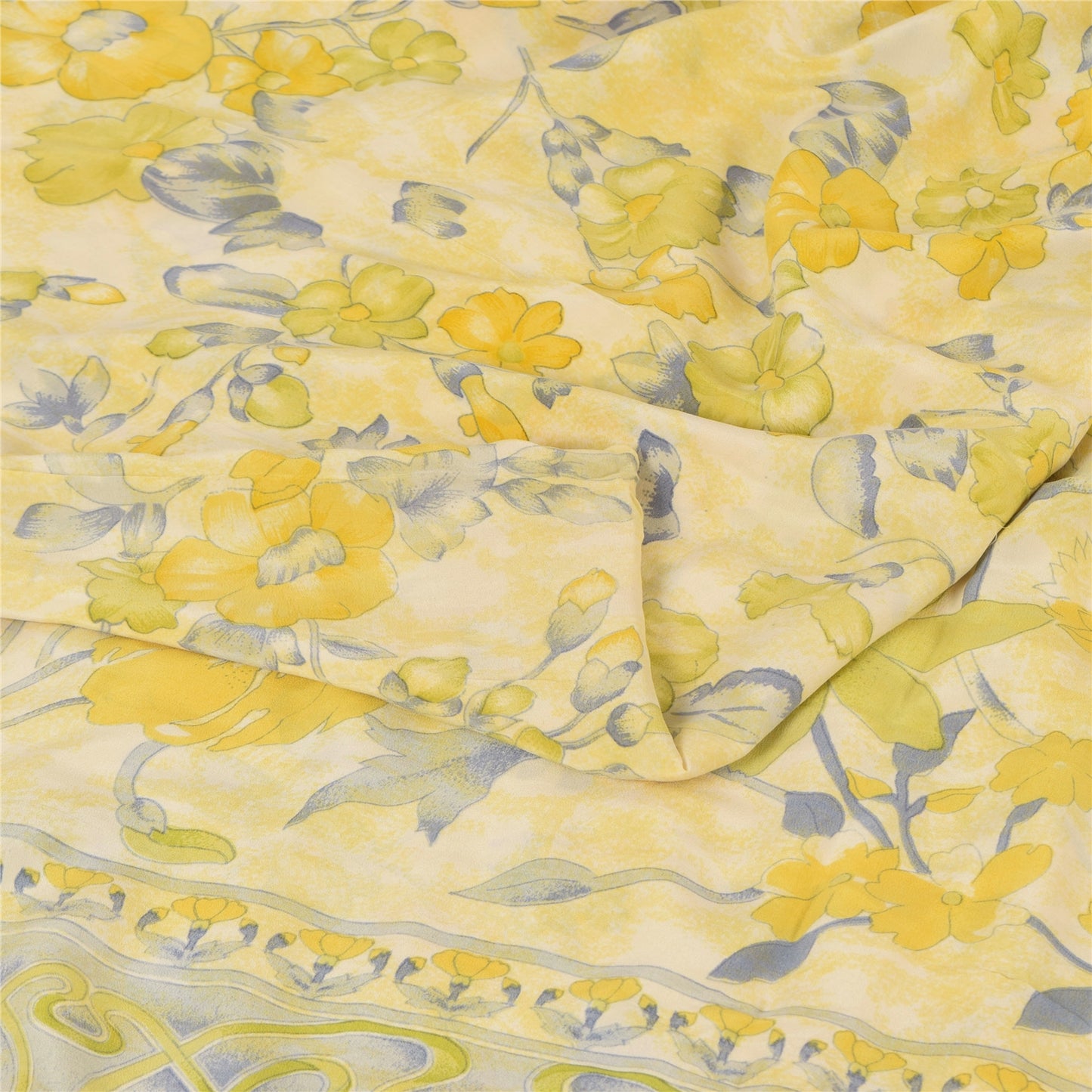 Sanskriti Vintage Sarees Pale-Yellow Pure Crepe Silk Print Sari 5yd Craft Fabric