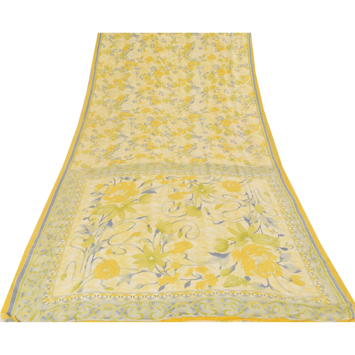 Sanskriti Vintage Sarees Pale-Yellow Pure Crepe Silk Print Sari 5yd Craft Fabric