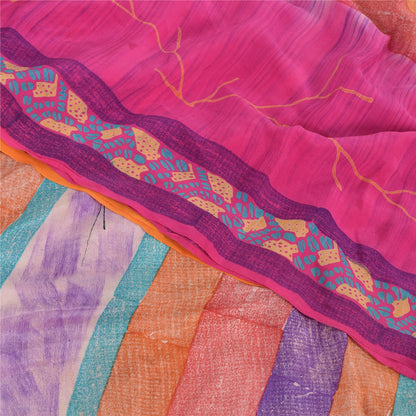 Sanskriti Vintage Sarees Multi 100%Pure Crepe Silk Printed Sari 5yd Craft Fabric