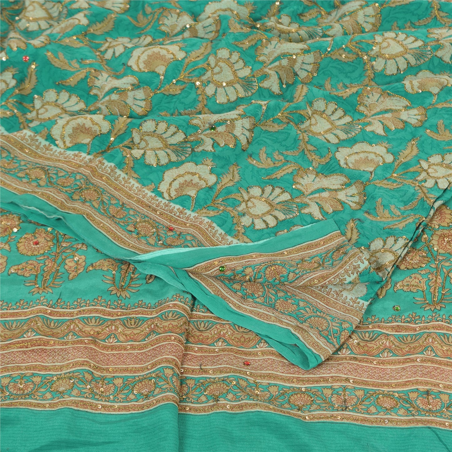 Sanskriti Vintage Sarees Green Embroidered Pure Crepe Silk Print Sari 5yd Fabric