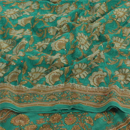 Sanskriti Vintage Sarees Green Embroidered Pure Crepe Silk Print Sari 5yd Fabric