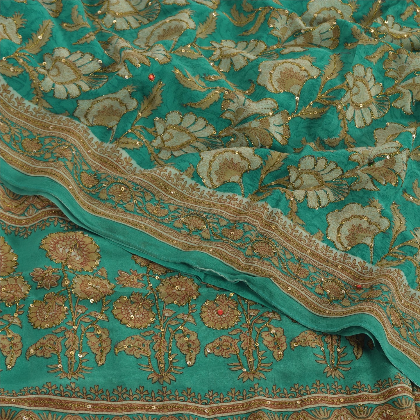 Sanskriti Vintage Sarees Green Embroidered Pure Crepe Silk Print Sari 5yd Fabric