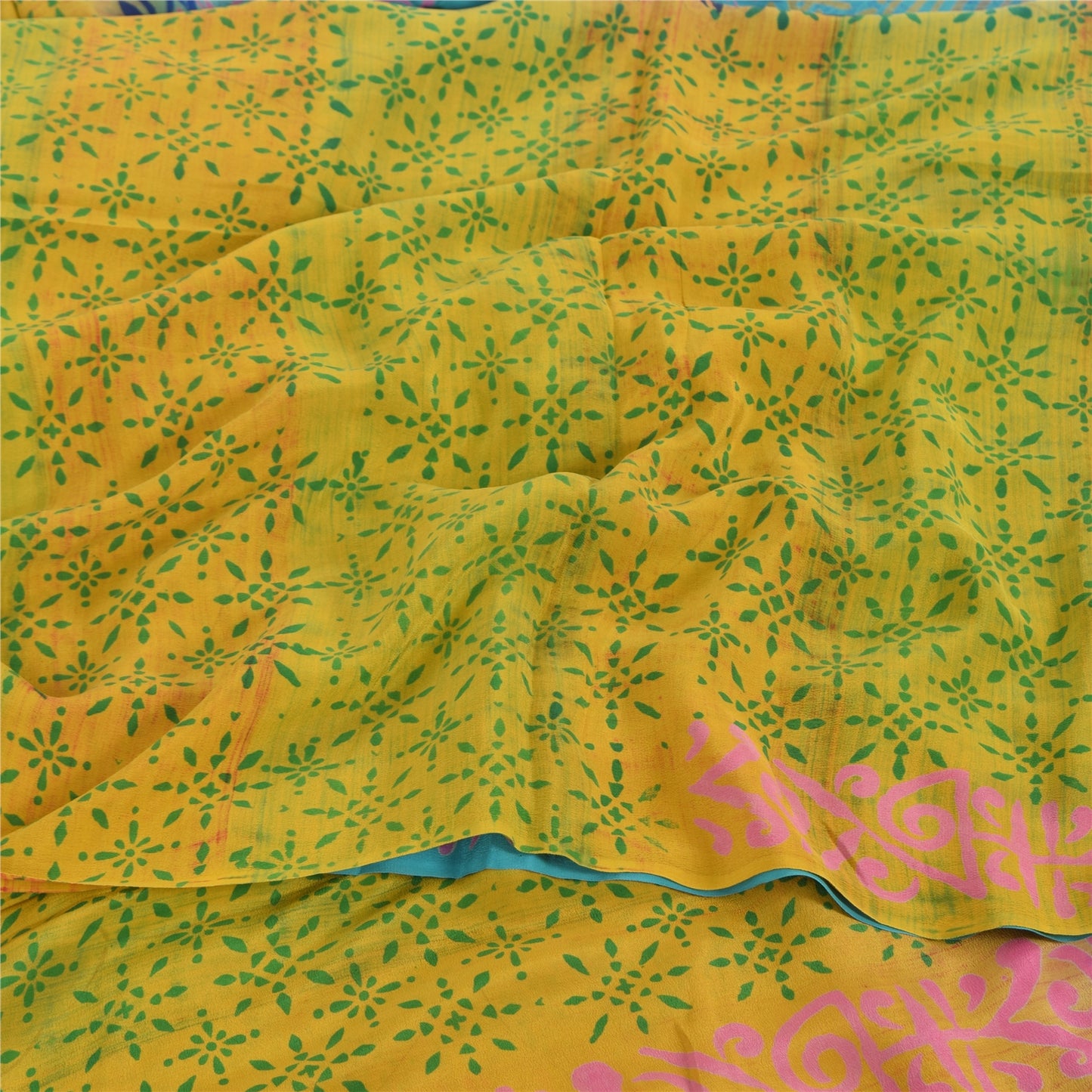 Sanskriti Vintage Sarees Blue/Green Pure Crepe Silk Print Sari 5yd Craft Fabric