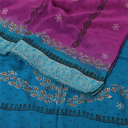 Sanskriti Vintage Sarees Purple/Blue Pure Crepe Print Paint Sari Craft Fabric