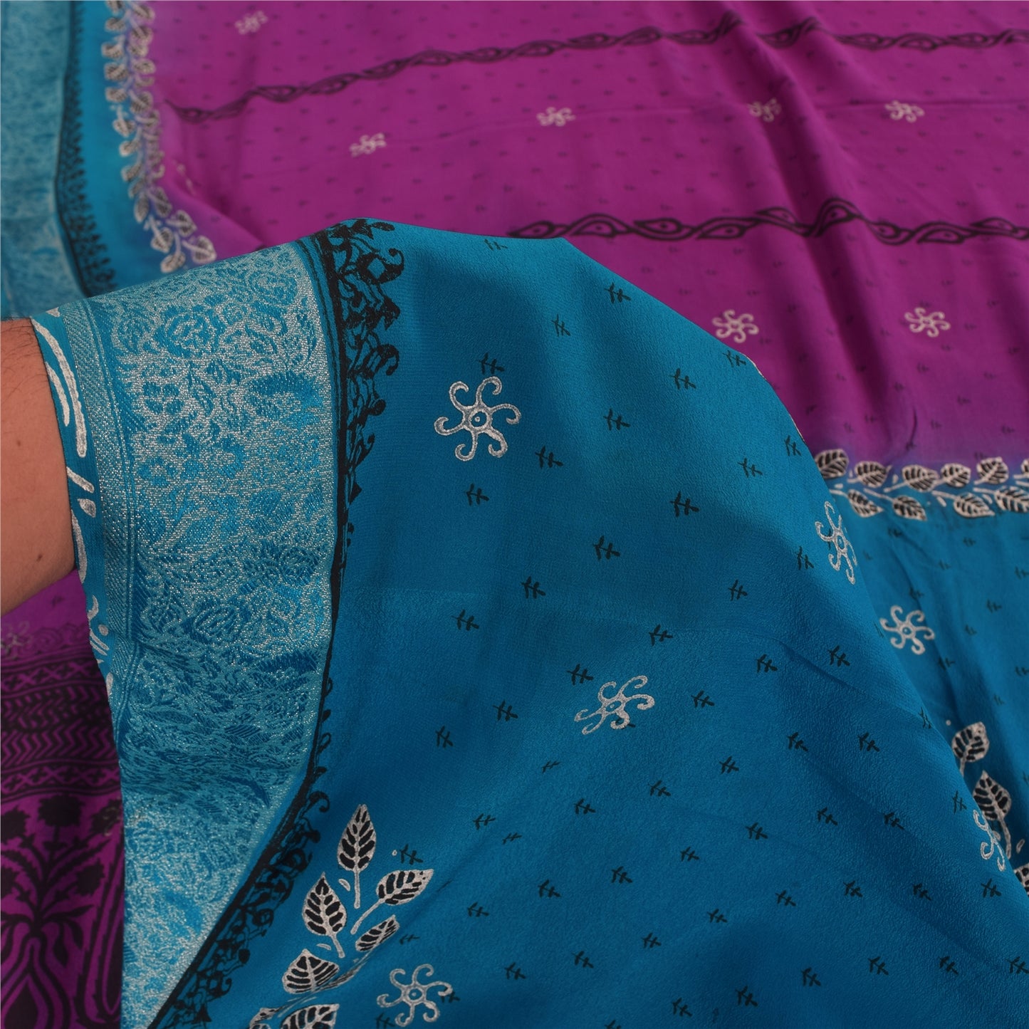 Sanskriti Vintage Sarees Purple/Blue Pure Crepe Print Paint Sari Craft Fabric