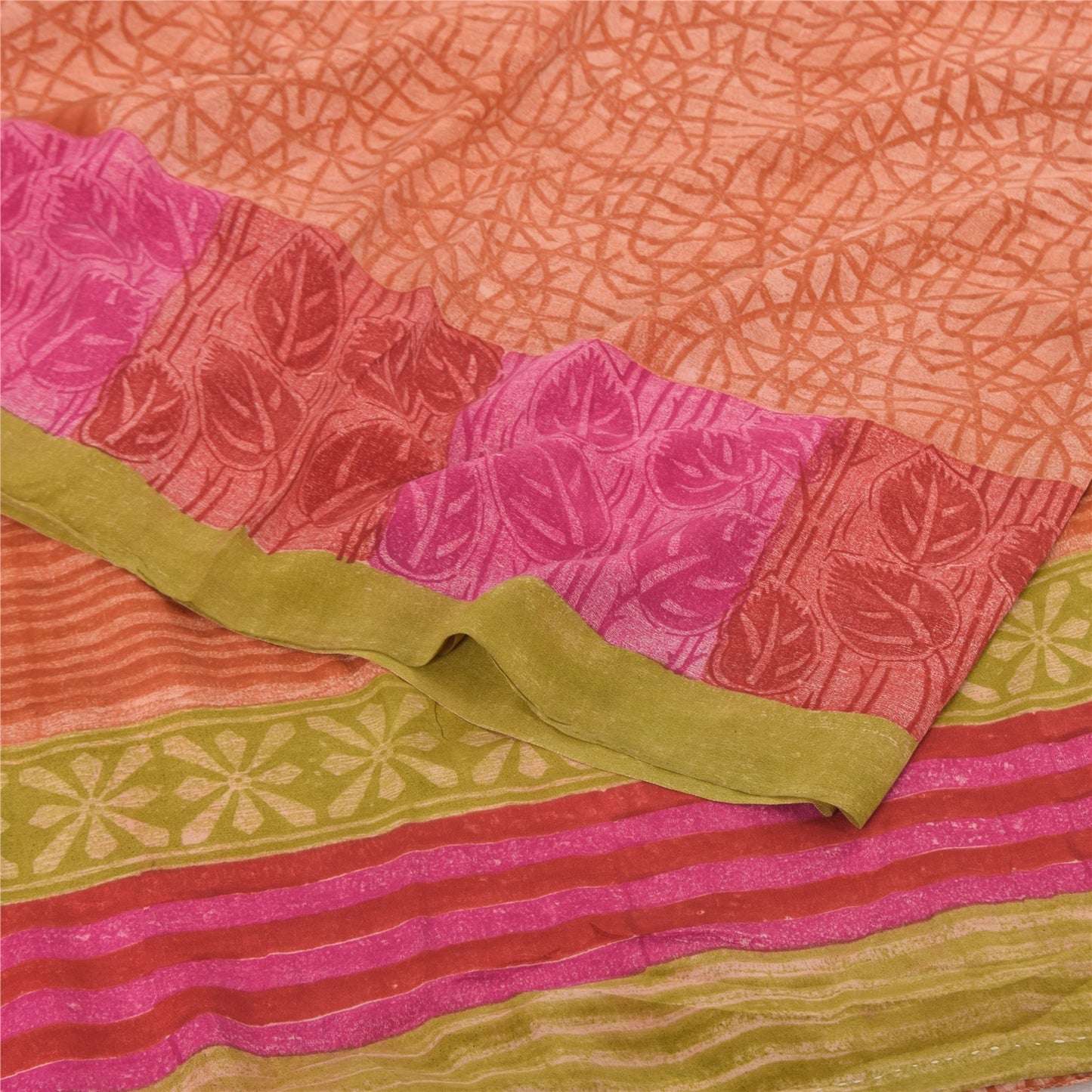 Sanskriti Vintage Sarees Orange Pure Crepe Silk Printed Sari 5yd Craft Fabric