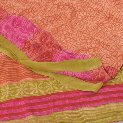 Sanskriti Vintage Sarees Orange Pure Crepe Silk Printed Sari 5yd Craft Fabric