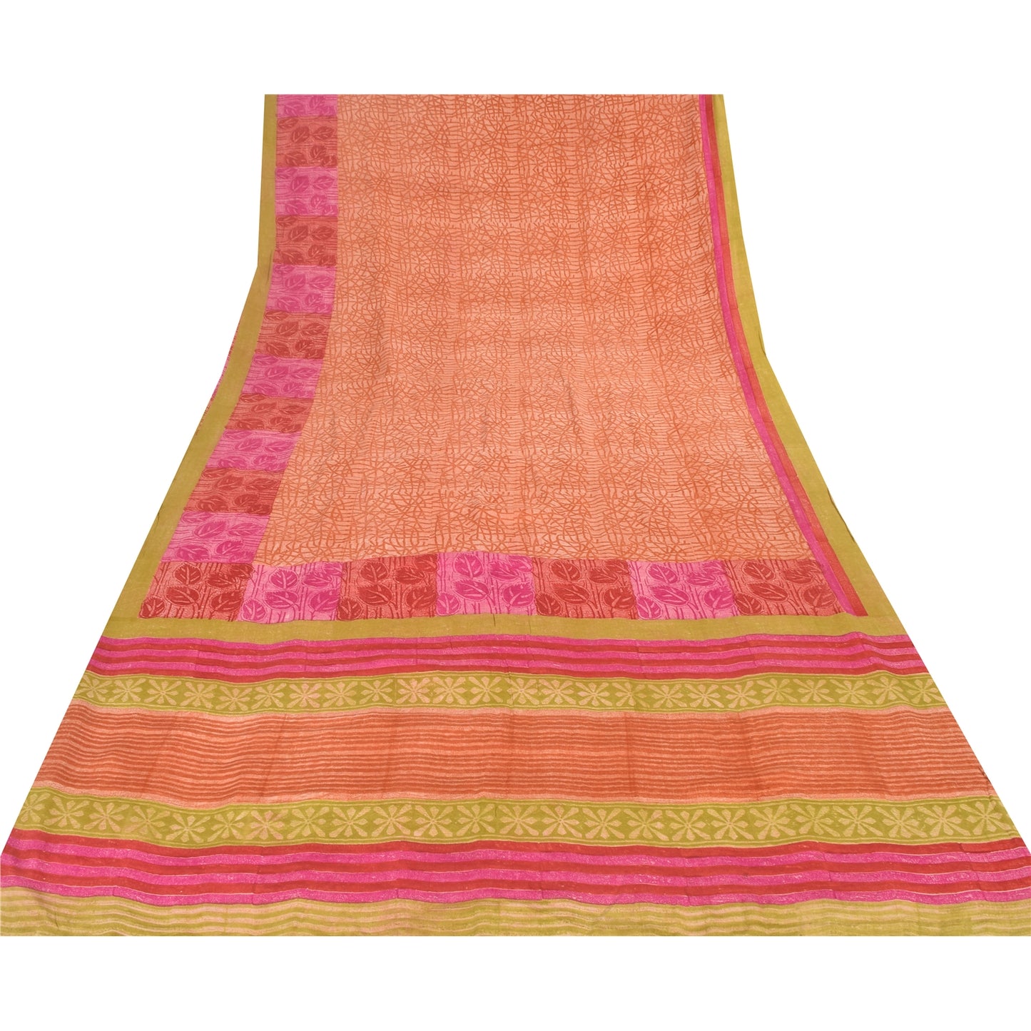 Sanskriti Vintage Sarees Orange Pure Crepe Silk Printed Sari 5yd Craft Fabric