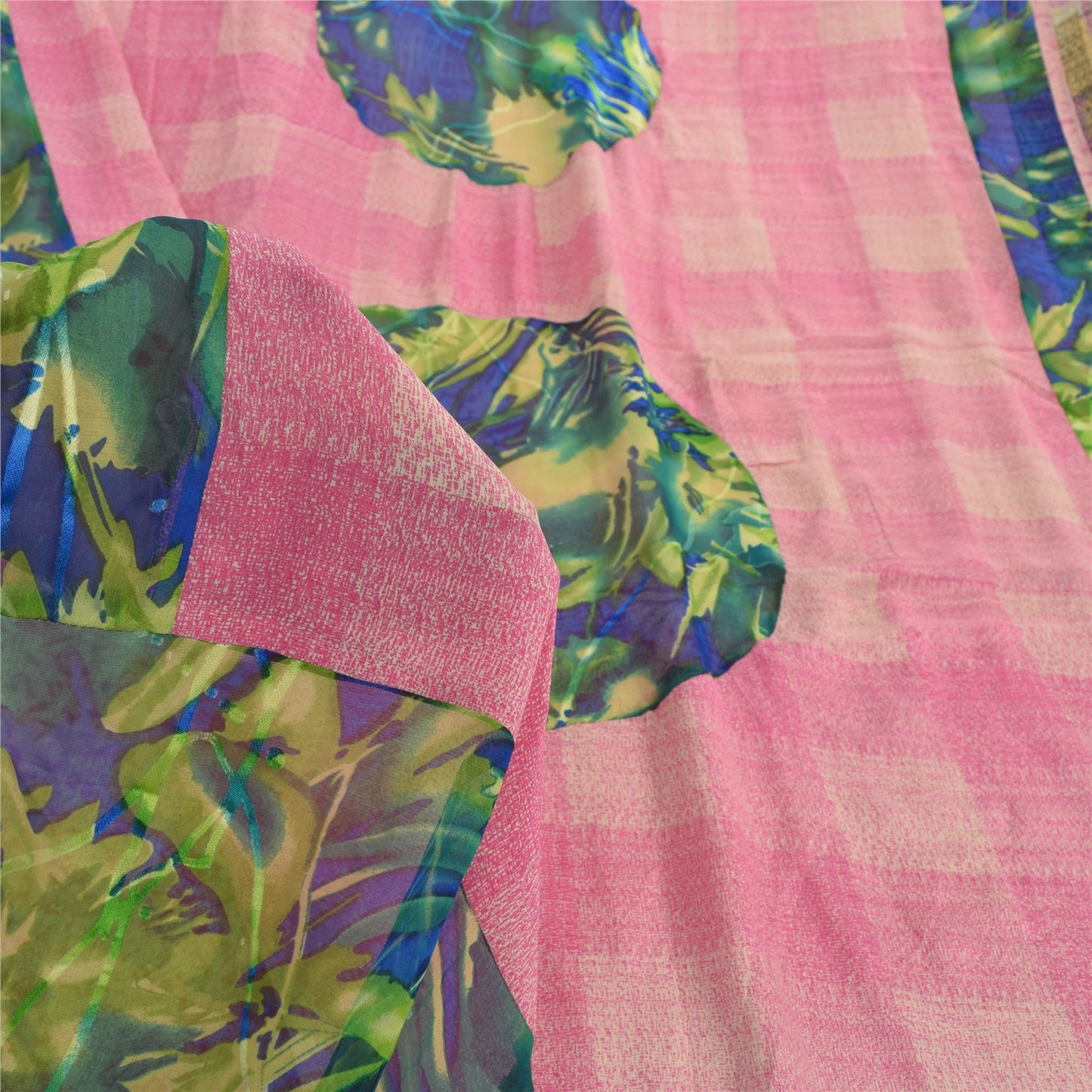 Sanskriti Vintage Sarees Pink 100% Pure Crepe Silk Printed Sari 6yd Craft Fabric