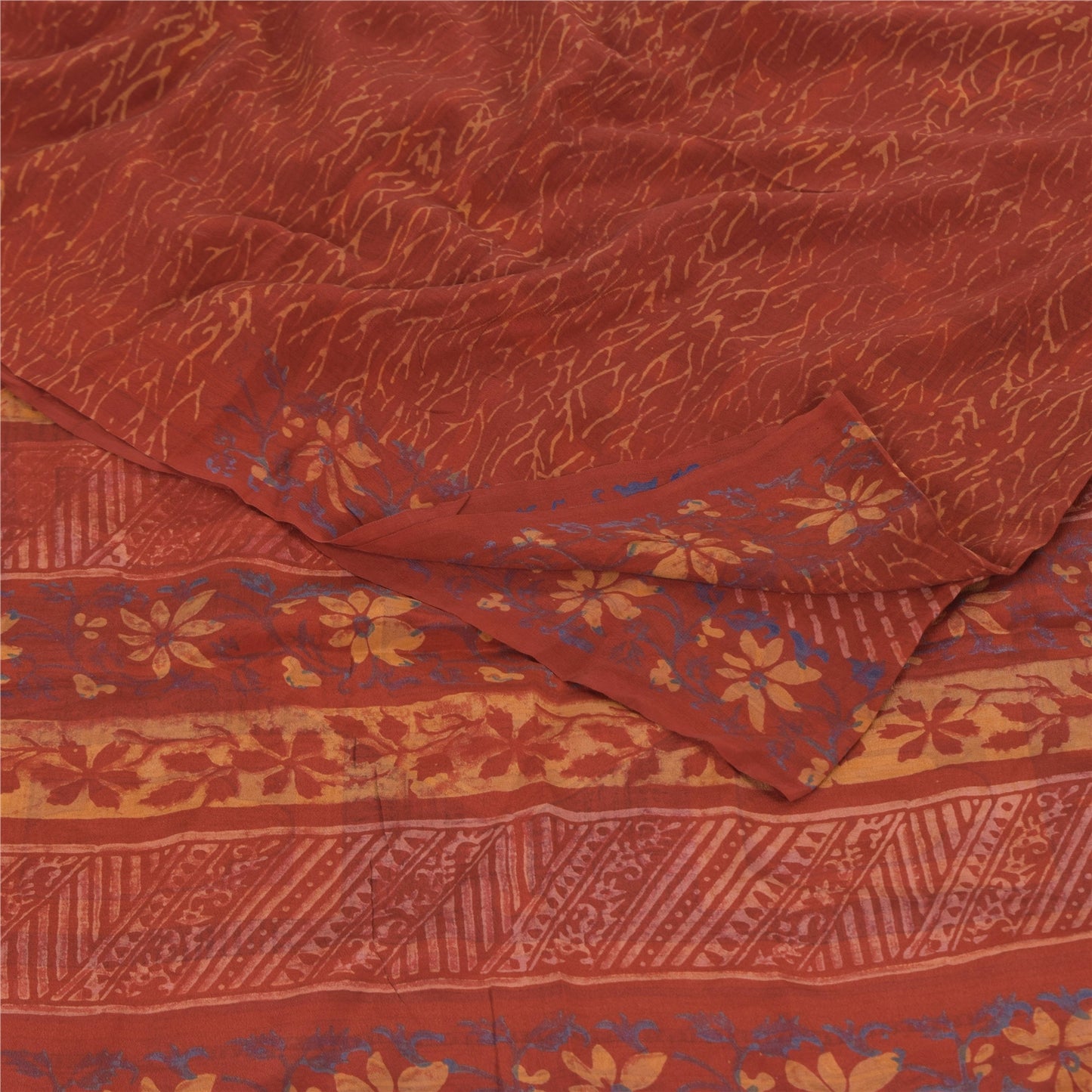 Sanskriti Vintage Sarees Orange Pure Crepe Silk Printed Sari 5yd Craft Fabric