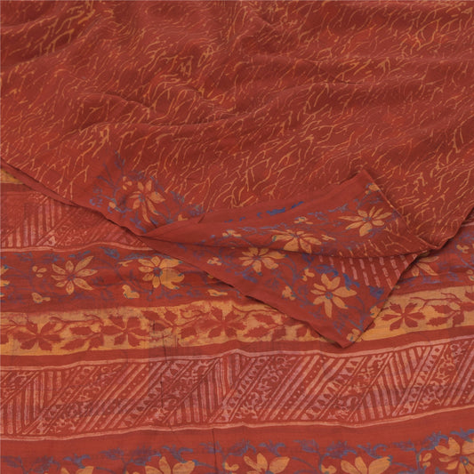 Sanskriti Vintage Sarees Orange Pure Crepe Silk Printed Sari 5yd Craft Fabric